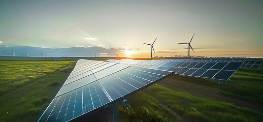 Poster - Solar and Wind Energy Synergy, A solar panel field in the foreground with wind turbines in the distance under a clear sky. Generative AI.