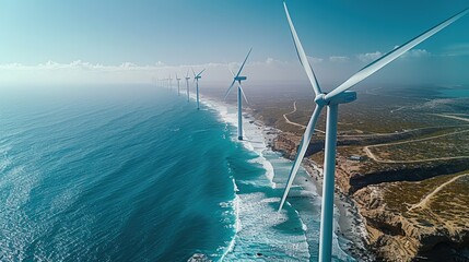 Poster - Wind turbines farm for electric power production on the seashore, bright sky, clear sky, Aerial view. Generative AI.