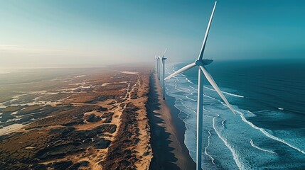 Poster - Wind turbines farm for electric power production on the seashore, bright sky, clear sky, Aerial view. Generative AI.