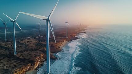 Poster - Wind turbines farm for electric power production on the seashore, bright sky, clear sky, Aerial view. Generative AI.