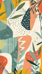 Sticker - This image features a variety of abstract shapes and textures in a vibrant, mid-century style illustration with a botanical theme