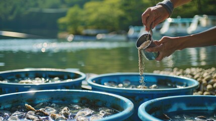 Person Feeds Fish in the Farm Pond