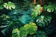 Tropical leaves water spring. Macro drop. Generate Ai