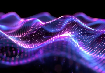 Poster - The image shows a digital 3D waveform pattern with glowing neon dots on a dark background