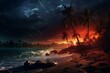 Fiery sunset skies with lightning over a stormy tropical beach with palm trees