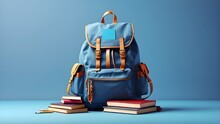 A Full School Rucksack With Books On A Blue Background With Space For Copying Is Shown. Concept Of A Back-to-School Digital Art Piece