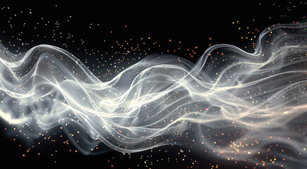 Poster - Singular intricate flowing light strands against a black background. Generative AI.