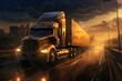 18-wheeler semi truck on an asphalt highway during a mesmerizing sunset with rain