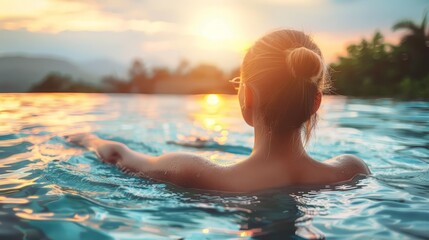 Wall Mural -   A woman floats in a tranquil pool as the sun sets behind her, a solitary boat bobbing in the water beyond