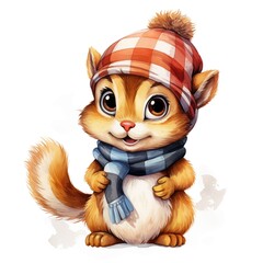 Baby chipmunk. Chipmunk in hat clipart. Watercolor illustration. Generative AI. Detailed illustration.