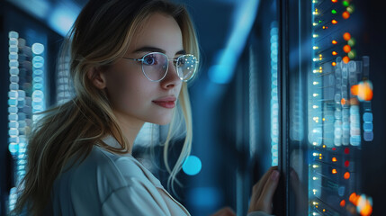 Poster - Woman working in office, server centre. Generative AI.