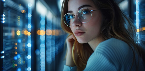 Poster - Woman working in office, server centre. Generative AI.