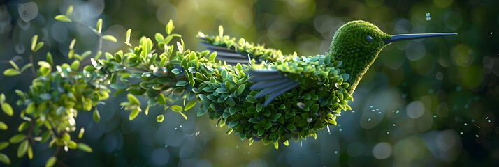 Wall Mural - Ultra HD image of a topiary hedge in the shape of a hummingbird in flight, focusing on the wings' detail and the vibrant greens, illuminated by natural afternoon light