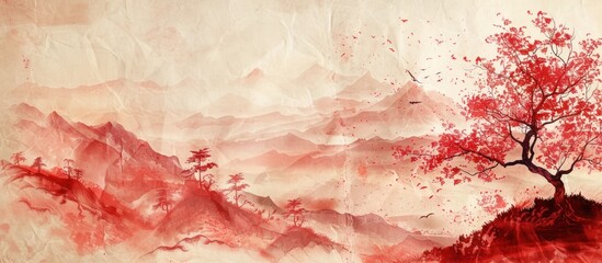 painting of Chinese mountains in red ink