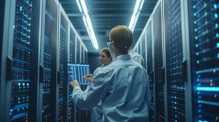 Aufkleber - Professional IT programmers discussing blockchain data network architecture on a desktop computer display. The Technical Department of the Data Center is in operation. Generative AI.