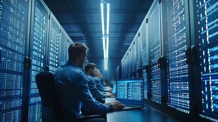 Aufkleber - Professional IT programmers discussing blockchain data network architecture on a desktop computer display. The Technical Department of the Data Center is in operation. Generative AI.