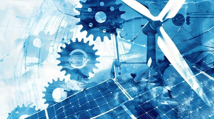 Wall Mural - AI generated illustration of a solar power plant with wind turbines and equipment in the foreground