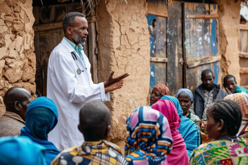 doctor teaching community on clean water and sanitation practices in rural area