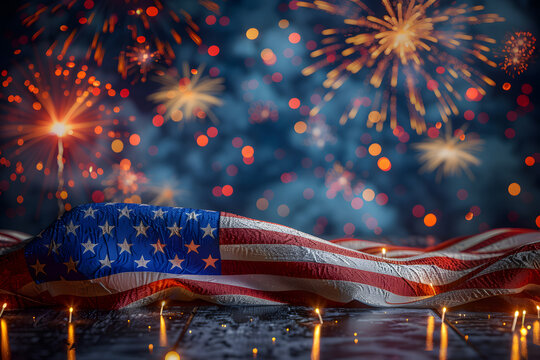 American Flag and fireworks mockup podium background with copy space . 4 July independence day concept celebration happy hours and sales.