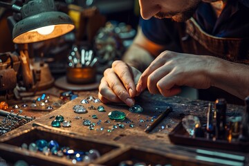 Professional jeweler working with gemstone closeup