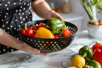 Woman taking bell pepper from black colander