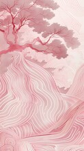 A Digitally Illustrated Japanese-style Landscape With Pink Hues And Intricate Detailing, Depicting Serenity And Beauty