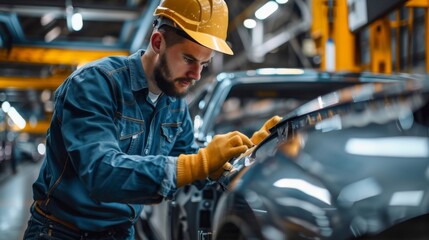 Wall Mural - Automotive engineers are inspecting production and controlling automobile assembly standards. Emphasis is placed on product quality inspection within automobile assembly plants.