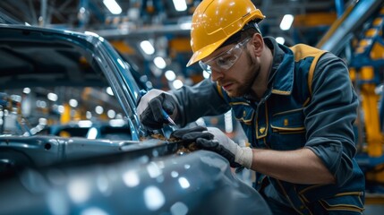 Automotive engineer inspecting car assembly line and control car assembly standards in automobile production and assembly plants