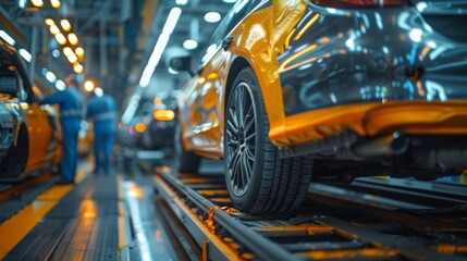 Automotive engineer inspecting car assembly line and control car assembly standards in automobile production and assembly plants