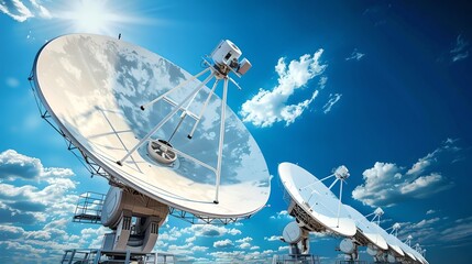 Giant satellite dishes facing a blue sky with clouds, technological communication concept. Capturing signals, modern tech equipment. Broadcasting tools against a clear blue backdrop. AI