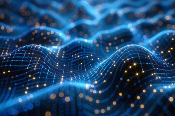Poster - Blue digital waves enhanced with sparkling dots that simulate connections across a technological landscape