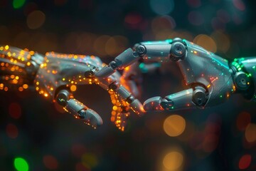 Poster - Close-up of robotic hands touching, surrounded by colorful bokeh lights, representing connectivity and technology