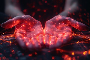 Poster - An image depicting human hands with glowing red digital particles, representing connectivity and virtual reality