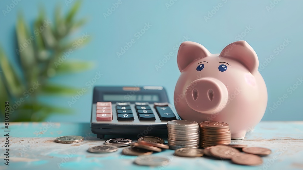 Piggy Bank Savings Concept with Stacked Coins and Calculator. Financial ...