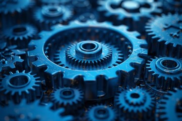 Poster - Close-up image of dark blue gears interlocked, symbolizing mechanics and machinery concepts