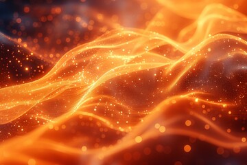 Poster - A digital orange light wave with a magical atmosphere and floating glowing particles, evoking a sense of innovation