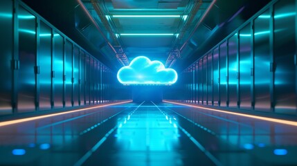 Poster - Backlit view of a cloud-based data center with real-time monitoring