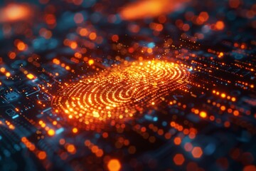 Poster - An orange and red glowing digital representation of a fingerprint on a detailed circuit board background