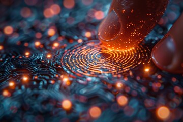 Poster - Close-up of a finger interacting with a futuristic digital fingerprint scanner with glowing circuitry