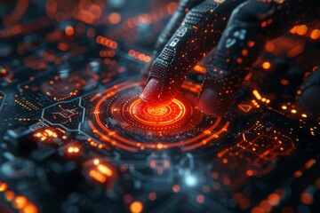 Poster - Finger interacting with a high-tech digital interface, focusing on a glowing red button and circuit patterns