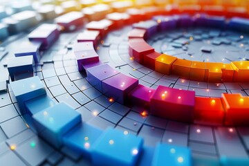 Poster - Artistic digital creation of 3D blocks arranged in a circular pattern with a gradient from blues to reds, adding depth with lighting