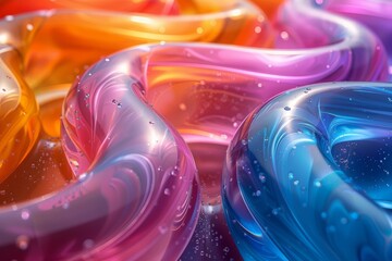 Poster - A stunning close-up of twisted glass shapes with a spectrum of colors, complemented by shiny bubbles that enhance its visual appeal