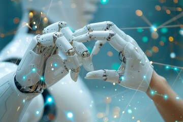 Poster - Robotic hands interacting to form a heart shape, set against a light blue background with interconnected nodes and lines