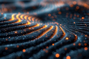 Poster - A digital representation of connectivity or data flow, featuring undulating orange waves pattern with sparkling dots on a dark backdrop