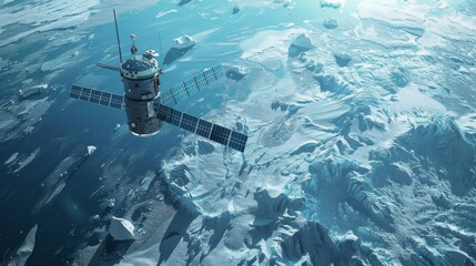 Wall Mural - satellite observing shrinking glaciers, visually documented from space with sharp focus on ice and water contrasts.