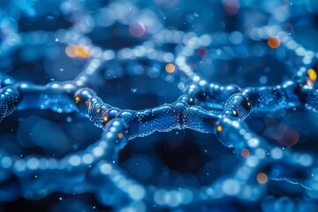 Poster - This image features a complex network of molecular structures in various shades of blue, suggesting themes like science and technology
