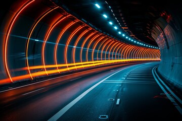 Poster - Enigmatic image of a modern tunnel illuminated with glowing red lights and guiding road lines into the unknown