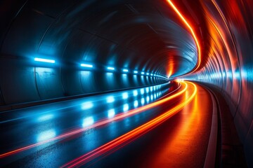 Poster - A long exposure shot capturing the dynamic red and blue light trails in a modern tunnel