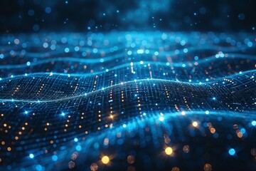Poster - This image captures a digital landscape with sparkling blue particle waves and bokeh effect lights