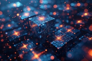 Poster - A stunning image of glowing futuristic cubes amidst a sea of digital particles suggesting connectivity and data